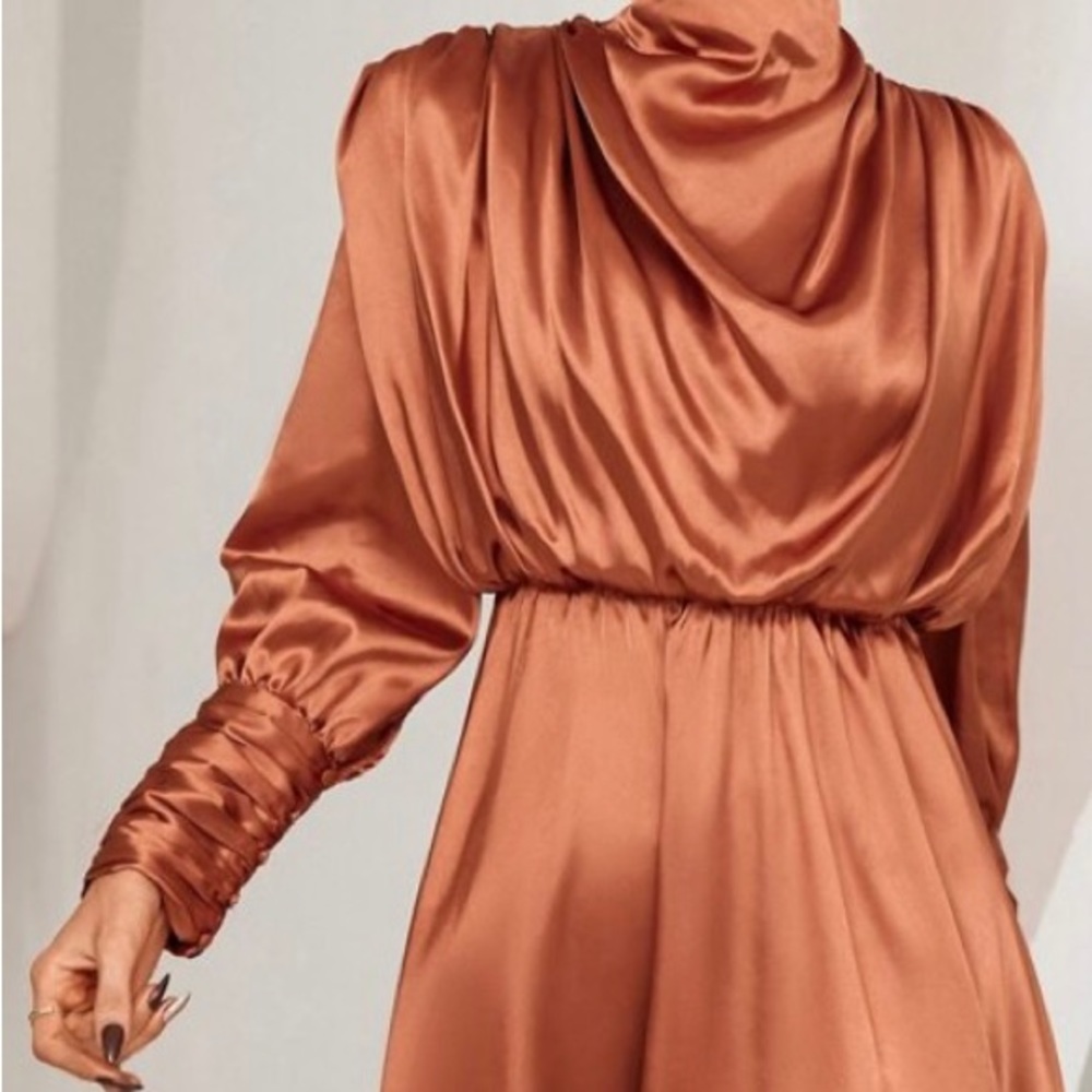 Mock Neck Draped Satin Dress